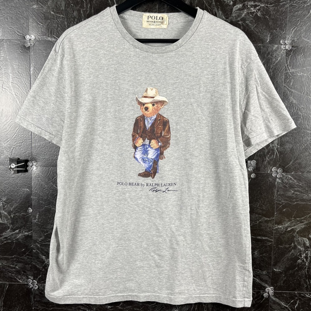 Polo Ralph Lauren Men's Grey Cowboy Polo Bear Shirt Large